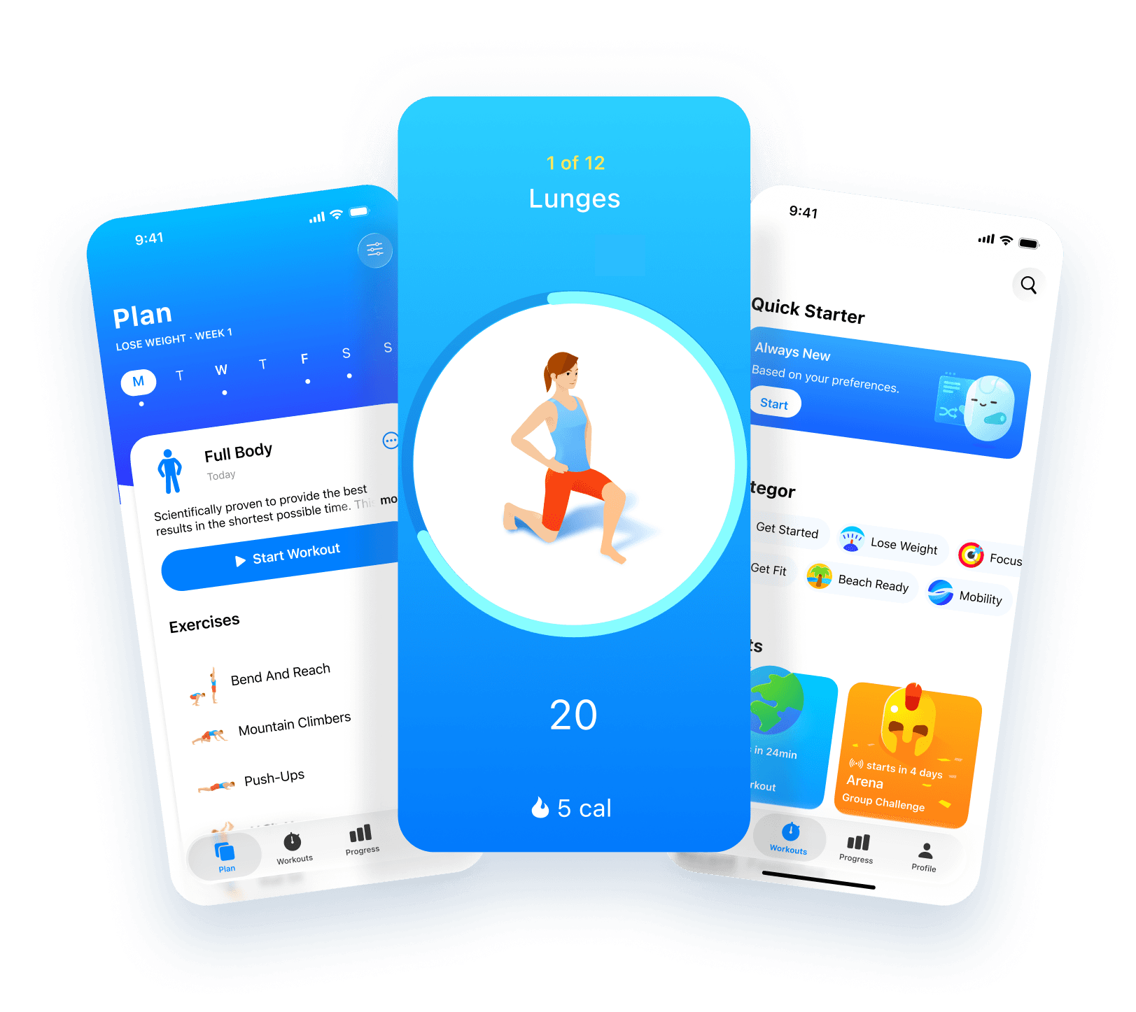 The Seven app showing a workout plan, an exercise in progress, and the workout library